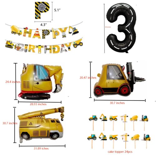 52 PCS Construction Birthday Party Supplies Boys-Dump Truck Party Decorations Kits Set Birthday Banner Excavator Crane Forklift Truck Balloon Number 3 Balloon Construction Vehicle cake Toppers for 3