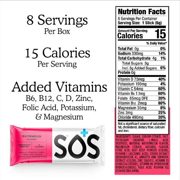 SOS Hydration Electrolyte Powder Drink Mix Packets | Daily Hydration & Energy | Added Essential Vitamins | Low Sugar | 8 Servings (Watermelon)