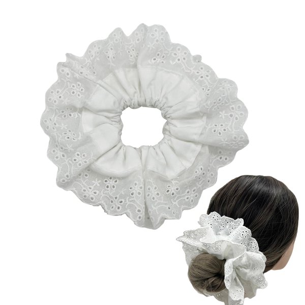 White Oversized Hair Scrunchies for Women Jumbo Gaint Scrunchies Double Layer Lace Ponytail Holder Hair Tie Hair Accessories Elastics