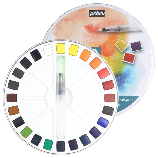 Pebeo Fine Metal Round Pébéo Painting Box Watercolour Palette Kit 24 Half Buckets & 1 Pocket Brush