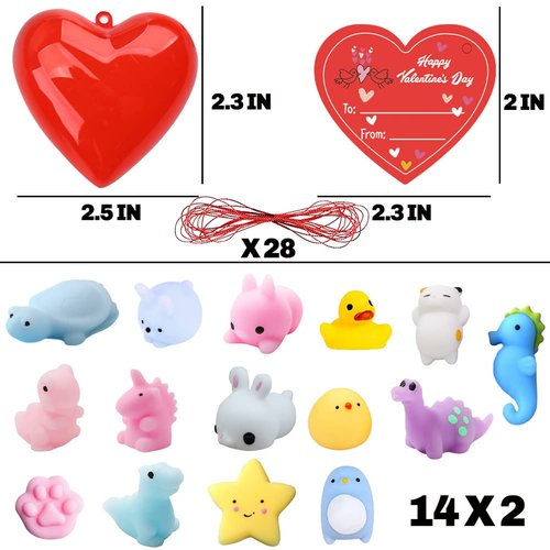 Valentine Mochi Party Favors Set, 28 Pcs Mochi Squishy Toys Filled Hearts and Valentines Day Cards for Kids Valentine's Exchange Gift, Stress Relief Toys, Classroom Rewards