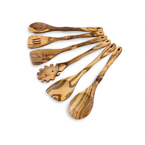 OLIVIKO 100% Olive Wood HANDMADE 6 Spoon Set | Ideal for Nonstick Cookware & Kitchen Utensils | Cooking, Baking & Serving | Eco-friendly & Salad serving, spaghetti spoon (rustic utensils)