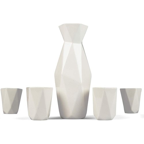 5 Piece Traditional Porcelain Japanese Sake Set, White - 1 18 oz Tokkuri Bottle and 4 Ochko Cups - Unique Modern Design - Great Holiday and Housewarming Gift