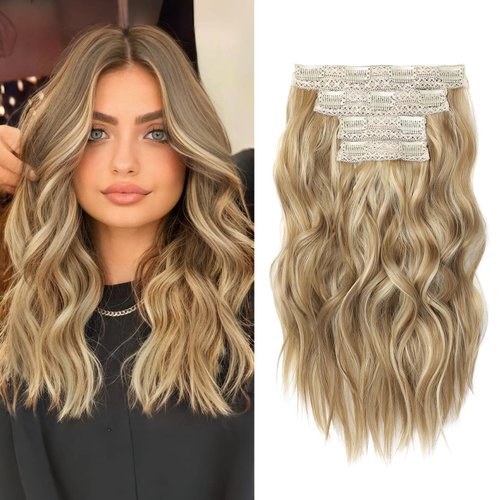 NTYNTY Hair Extensions, 14" Short Clip in Hair Extensions 4PCS Beach Wave Blonde Hair Extensions Natural Soft Synthetic Hairpiece for Women - Golden Blonde with Highlights