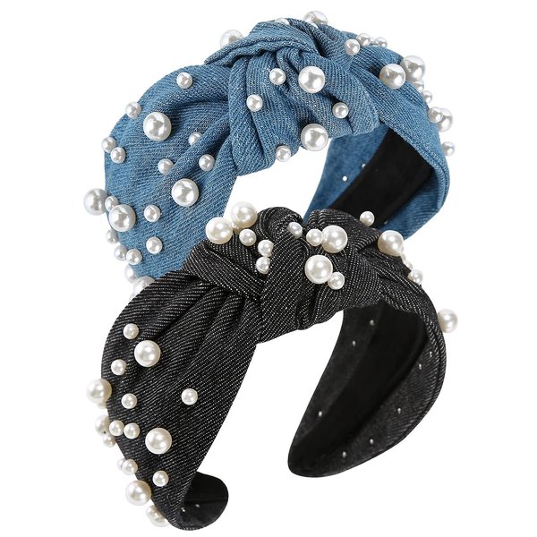 QIANXUAN Cloth Headbands Tie For Women Top Knot Headband With Pearls Denim Headband For Girls Hair Wide Beads Bow Glam Thick Fashion Hairband (2psc Knot Headband 3)
