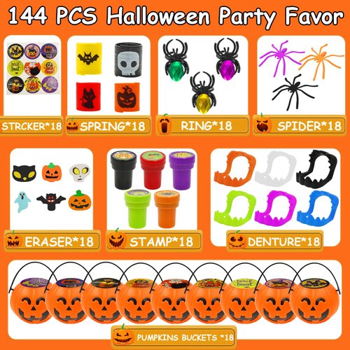 144 PCS Halloween Party Favors For Kids, 18 Pack Prefilled Halloween Pumpkins bucket with Toys Halloween Toys Bulk for Halloween Party School Classroom Prizes Rewards Trick or Treats Gifts
