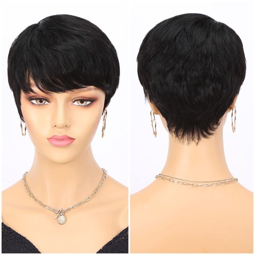 WIGNEE Short Human Hair Wigs Pixie Cut Wig with Bangs Short Layered Wigs Short Human Hair Wigs for black Women (1B)