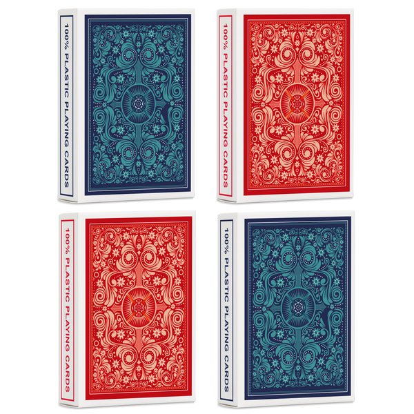 Timenued Playing Cards 4 Pack,Plastic Waterproof Playing Cards Bulk for Adults and Seniors,4 Decks of Poker Cards Professional Set, Standard Poker Size Regular Index(2 Blue+ 2 Red)