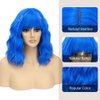 LOSMOEER Blue Wig with Bangs Short Wavy Wigs for Women Shoulder Length Curly Bob Wigs Heat Resistant Synthetic Wigs for Halloween Cosplay Daily Party Use