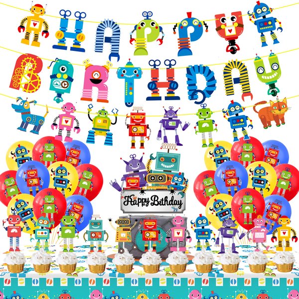 Robot Birthday Party Decorations Robot Birthday Banner Robot Cupcake Toppers Robot Cake Toppers Balloons Tablecloth for Birthday for Boys Gear Robot Party Supplies
