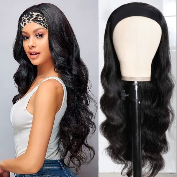 Auflaund Body Wave Headband Wig for African American Black Women Natural Synthetic Heat Resistant Black Hair Band Curly Wigs 24 Inch with Free Headbands
