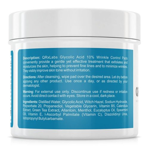 Glycolic Acid 10% Wrinkle Control Pads for Face & Body - 10% Ultra Pure Glycolic Acid, Allantoin, Vitamins B5, C & E, Calendula & Green Tea Extracts - Keeps skin smooth and prevents wrinkles and lines