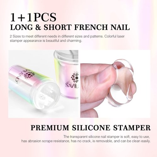 Saviland French Tip Nail Stamp – 5PCS Gold Radium Jelly Stamper Nail Art Stamper Kit, Long & Short Clear Silicone Nail Stamping with Scrapers Nail Stamp for French Manicure