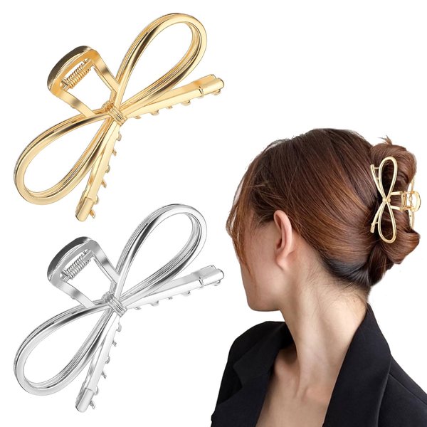 2 Pcs Metal Hair Claw Clips, 4.5 Inch Bow Hair Claw Clip Cute Claw Hair Clips Bowknot Hair Jaw Clip Styling Hair Accessories Barrettes Strong Hold Claw Clips for Thick Thin Hair - Gold, Silver