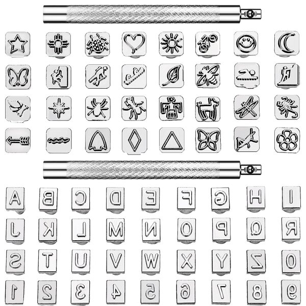 70 Pieces Leather Craft Stamping Tools Include 68 Pieces Alphabet, Number and Pattern Leather Craft Stamps, 2 Pieces Leather Punch Tools