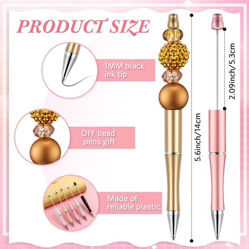 Crtiin 50 Pieces Plastic Beadable Pen Bulk Bead Ballpoint Pen Shaft Black Ink Beaded Pens with 50 Refills for DIY Making Gift Kids Students Office School Supplies (Black Gold)