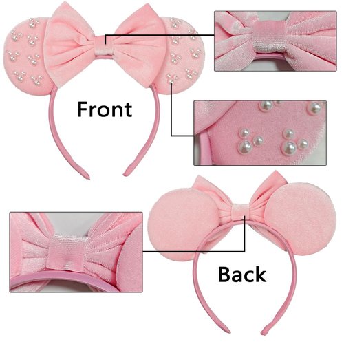JIAHANG Velvet Mouse Pink Ears Hair Bow Headband with Pearls, Party Decoration Costume Headwear Hair Accessories for Women Girls (velvet pink 03)