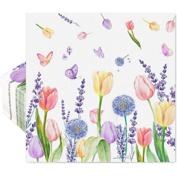 80 Pack Tulip and dandelion pattern Napkins 2 Ply Disposable Graceful Paper Napkin Party Napkin Luxury Dinner Hand Napkin for Home Kitchen BathrooTable Decor, 6.5 x 6.5 Inch.