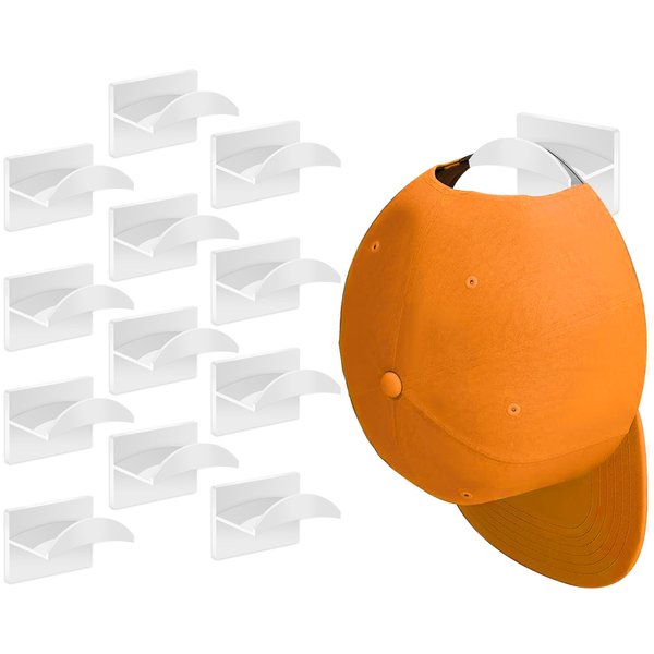Qteeyou Adhesive Hat Hooks for Wall (12 PCS) - Hat Racks for Baseball Caps, Minimalist Hat Rack Design, Strong Hold Hat Hangers, No Drilling, Hat Holder Organizer for Wall (White)