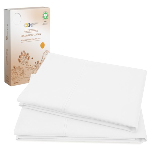 California Design Den 100% Organic Cotton Pillow Cases Queen/Standard Set of 2, Authentic GOTS Certified, Soft & Cooling Percale Weave Cotton Pillowcases (Bright White)