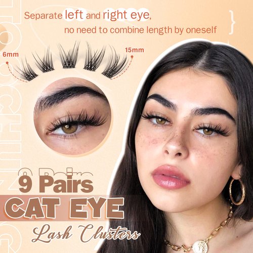 TOOCHUNAG Lash Clusters Natural Cluster Eyelash Extensions Wispy Eyelash Clusters Left&Right C Curl Individual Lashes 6-15mm DIY Cat Eye Lash Extension