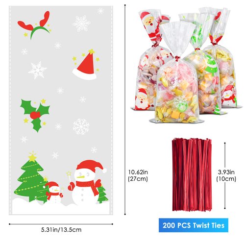 ERKOON 200 PCS Christmas Cellophane Treat Bags Clear Cookie Candy Bags Goodie Bags Xmas Gift Bags with 250 PCS Twist Ties for Christmas Party Supplies (4 Styles)