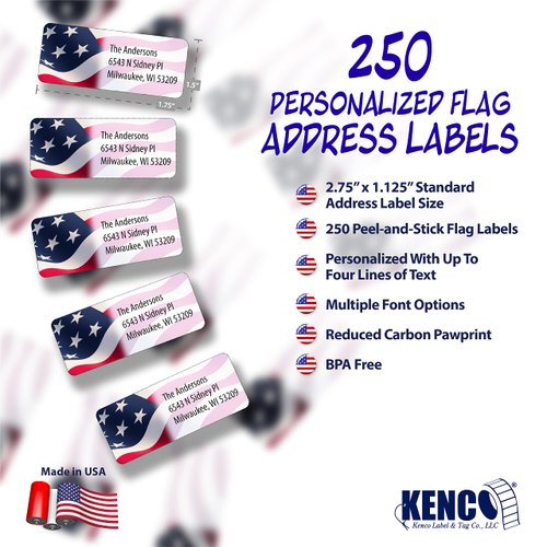 Customized Personalized Address Labels - Made in the USA by Kenco (250 Labels, American Flag)