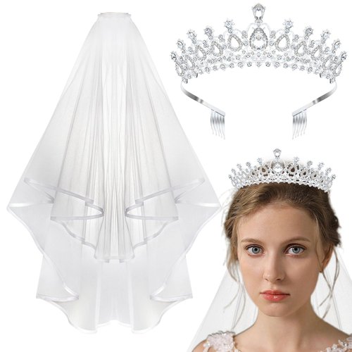KICOSY Tiara Sliver Wedding Crowns Veils for Women, Bride Wedding Tiara Adult White Veils Bridal Headband Hair Accessories, Princess Decorations for Girls Crystal Crown for Bachelorette Bridal Party