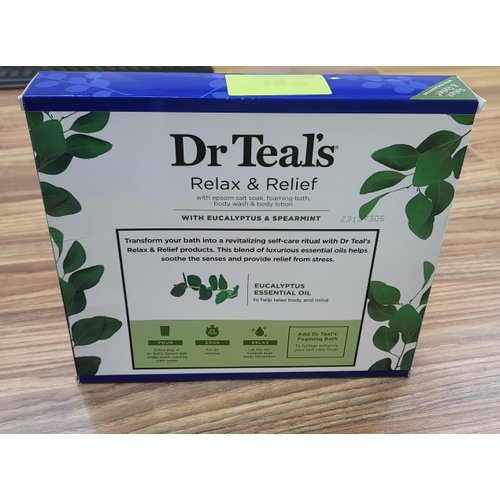 Dr Teal's Relax & Relief Eucalyptus & Spearmint Epsom Salt 11oz & Foaming Bath Oil, Body Wash 3oz & Body Lotion 1oz Set