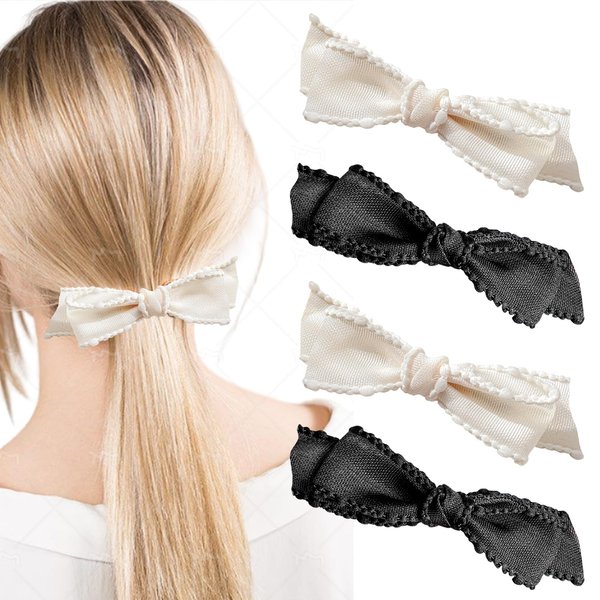 Hair Clips Bow Hair Barrettes - Black/White Bow Hair Clips for Thin Hair 4Pcs Alligator Hair Clips for Thick Hair No Crease Duck Billed Hair Pin Styling Accessories for Women Girls