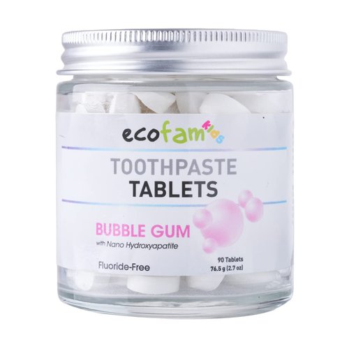 Ecofam Kids Toothpaste Chewable Tablets - 90 Natural Xylitol Tabs - Zero Waste Glass Jar - Travel Friendly - Fluoride-Free -with Nano Hydroxyapatite -Vegan - Made in The USA (Bubble Gum)