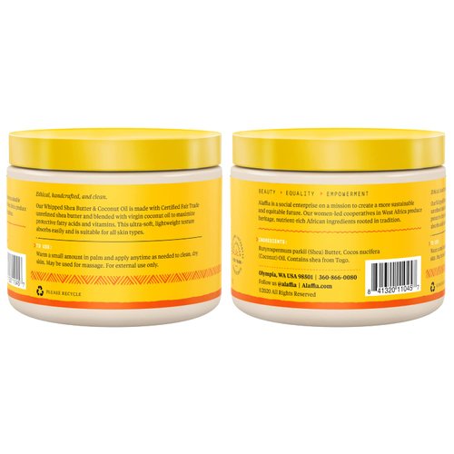 Alaffia Whipped Shea Butter & Coconut Oil, Skin Care and Hair Care, Nourishing Moisturizer Improves Elasticity and Repairs with Vitamin E, Unscented, 2 Pack - 4 Oz Ea