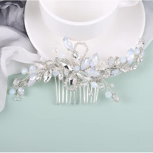 JORCEDI Wedding Hair Comb Silver Blue Rhinestones Opal Crystal Vintage Bridal Clips Hairpiece Handband for Wedding Party Evening Hair Accessory