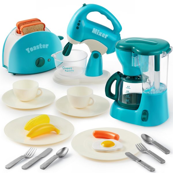 Joyin Play Kitchen Toys, Pretend Play Kitchen Appliances Toy Set with Coffee Maker, Mixer, Toaster with Realistic Lights& Sounds, Birthday Gift for Kids Ages 2 3 4 5, Pink