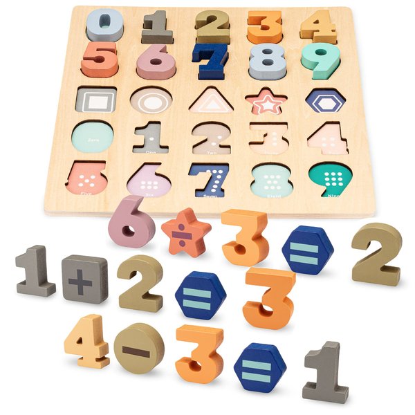 Wooden Puzzles for Toddlers 3-5 - 25pcs Puzzle by Number Kids w/Shapes & Math Symbols - Toddler Number Learning Toys to Develop Counting & Problem-Solving Skills - Number Puzzles for Kids Ages 3-5