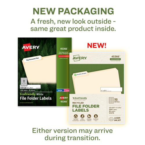 Avery EcoFriendly Recycled File Folder Labels, 2/3" x 3-7/16", White, Permanent Label Adhesive, 1,500 Printable Labels (45366)