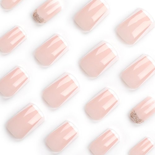 French Tip Press on Nails Short Square Fake Nails Light Pink False Nails with Glitter Design Glossy Solid Color False Nails Full Cover Stick on Nails Acrylic Artificial Nails Glue on Nails for Women