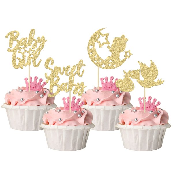 24Pcs Babyshower Girl Cupcake Toppers Glitter Moon Star Sweet Baby Gender Reveal Cupcake Picks Baby Shower Kids Girls Birthday Party Cake Decorations Supplies Gold