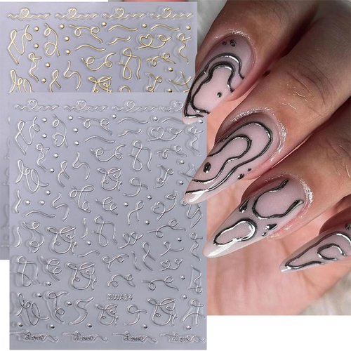 6 Sheets Irregular Line Nail Stickers Black White Vines Nail Art Stickers 3D Self-Adhesive Vine Nail Decals Gold Silver Embossed Lines Nail Designs Decals for Women Girls DIY Manicure Supplies