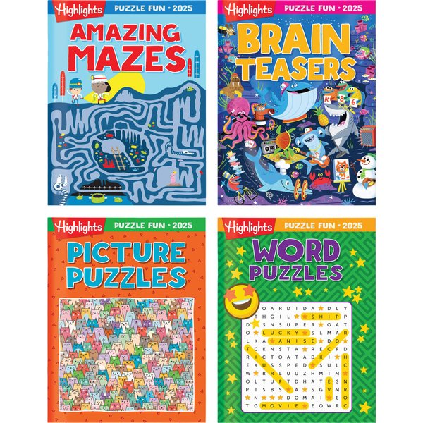 Highlights Puzzle Fun 2025 Puzzle Books for Kids Ages 6 and Up, 4-Book Set of Brain Teasers, Mazes, Word Puzzles and More Travel-Friendly Screen Free Kids Puzzles