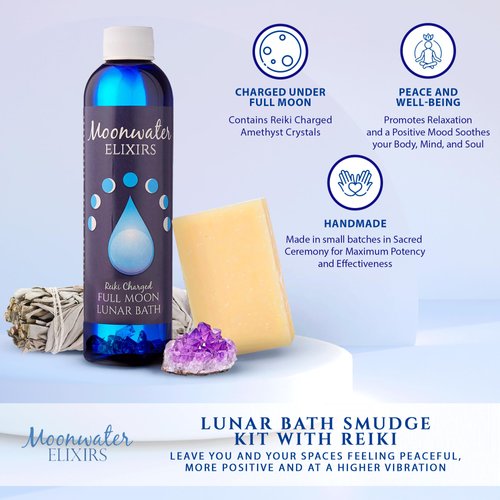 Aura Cleansing Lunar Bath Oil Smudge Kit with Reiki - Full Moon Elixir Energy Clearing, Spiritual Protection from Negative Energy, Positive Energy Ritual, Sacred Space Cleanse by Moonwater Elixirs
