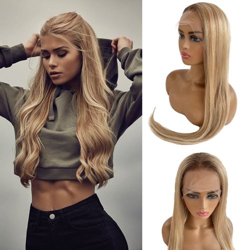 Upgrade - Highlight 12*4 Lace Closure Human Hair Wig,Ombre Blonde Straight Skilly Lace Front Wigs 10A Brazilian Virgin Hair , Pre Plucked with Baby Hair Natural Hairline colored Brown with Blonde Wigs