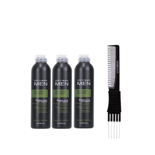 kuss Inebrya Ice Cream Men Hair & Body Recharge (8.45 oz) with Teasing Comb Pack of 3