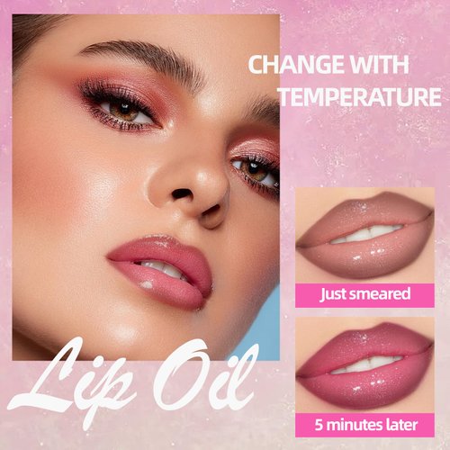 HOSAILY Boss up Hydrating Color Changing Lip Oil with Lip Liner,Big Brush Head Magic Non-Sticky Moisturizing Lightweight Pink Glitter Tinted Lip Gloss Plumping Lip Glow Oil for Dry Lips Makeup Set