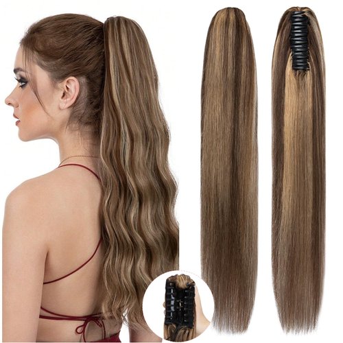 SEGO Pro Claw Clip Ponytail Extension Human Hair Long Straight Clip in Ponytail Hair Extensions Real Hair Ponytail Extension,18inch #60 Platinum Blonde,115g
