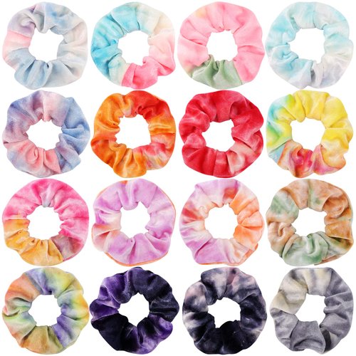 Whavel 16 Pack Tie Dye Scrunchies, Velvet Scrunchies Rainbow Scrunchies Gradient Hair Scrunchies Ponytail Holder Elastic Hair Bands Ties, Hair Accessories for Women Tie Dye Party Favors(Rainbow)