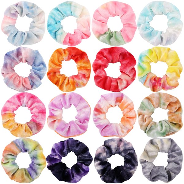 Whavel 16 Pack Tie Dye Scrunchies, Velvet Scrunchies Rainbow Scrunchies Gradient Hair Scrunchies Ponytail Holder Elastic Hair Bands Ties, Hair Accessories for Women Tie Dye Party Favors(Rainbow)