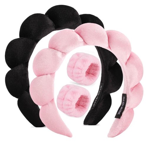 BEBEEPOO Puffy spa Headband for Washing Face, Velvet Makeup Headband, Set of 2 Skincare Headbands, Bubble Skincare Headbands with Face Wash Wristbands, Puffy Makeup Headbands, Mask, Skin Treatment