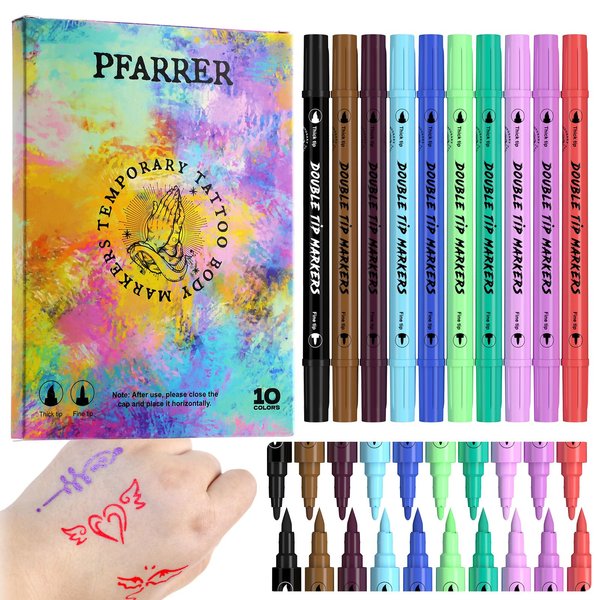 PFARRER Temporary Tattoo Markers for Skin, 10 Body Markers for Kids and Adults, Dual-End Tattoo Pens with Bold and Fine Lines safty ink ZYH2312111