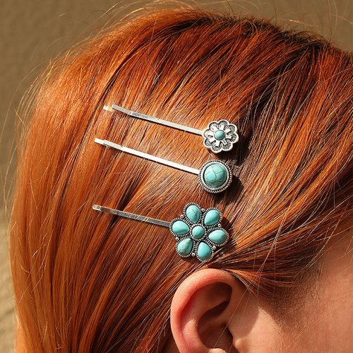 KOVOLITU 6 Pcs Bobby Pins Women's Western Style Turquoise Howlite Stone Hair Clip Cowgirl Chic Retro Hair Pins